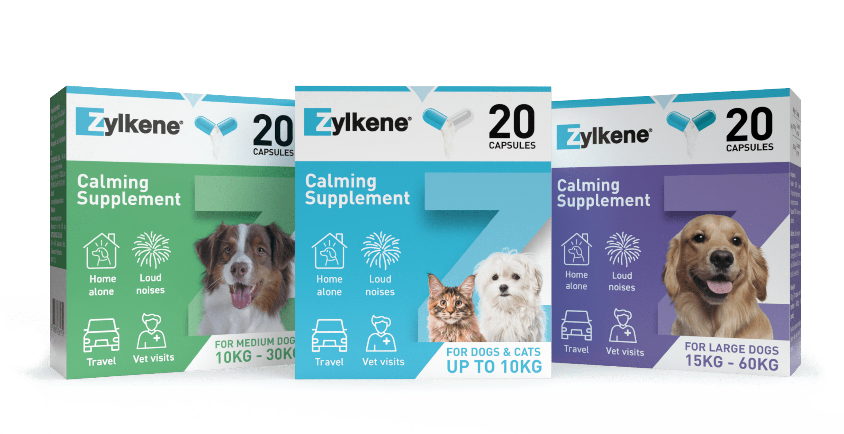 Three boxes of Zylkene 20 capsule Calming Supplements. The middle box has a dog and cat on it, and the other two have dogs on them.
